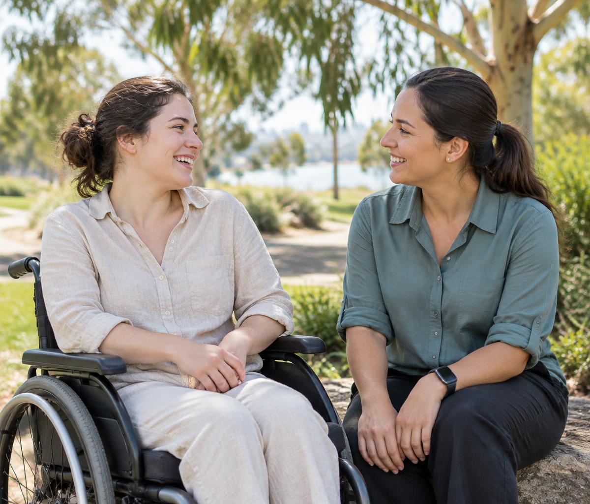 A wheelchair user and a support worker sharing a smile in a sunny park